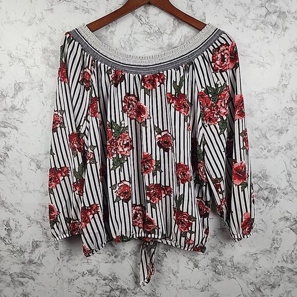 NO BOUNDARIES Off Shoulder BlouseTop Size XXL White Red Striped‎ Floral Tie - Picture 2 of 6